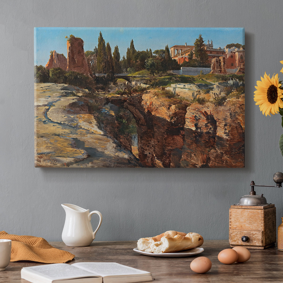 Canvas art print featuring historic Roman ruins and buildings set within warm landscape, set in a cozy kitchen setting