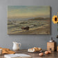 Canvas art print featuring a stormy coastal scene with waves crashing under dark dramatic sky, set in a cozy kitchen setting