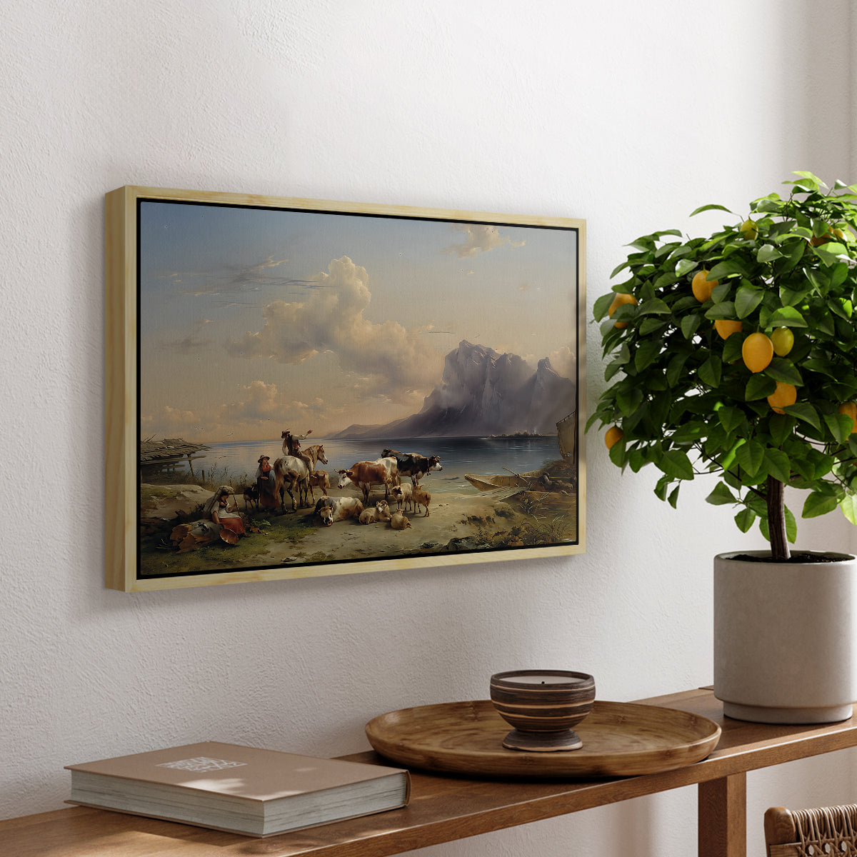 Shepherds and Cattle on Lake Attersee, 1852 - Floater Framed Canvas Print