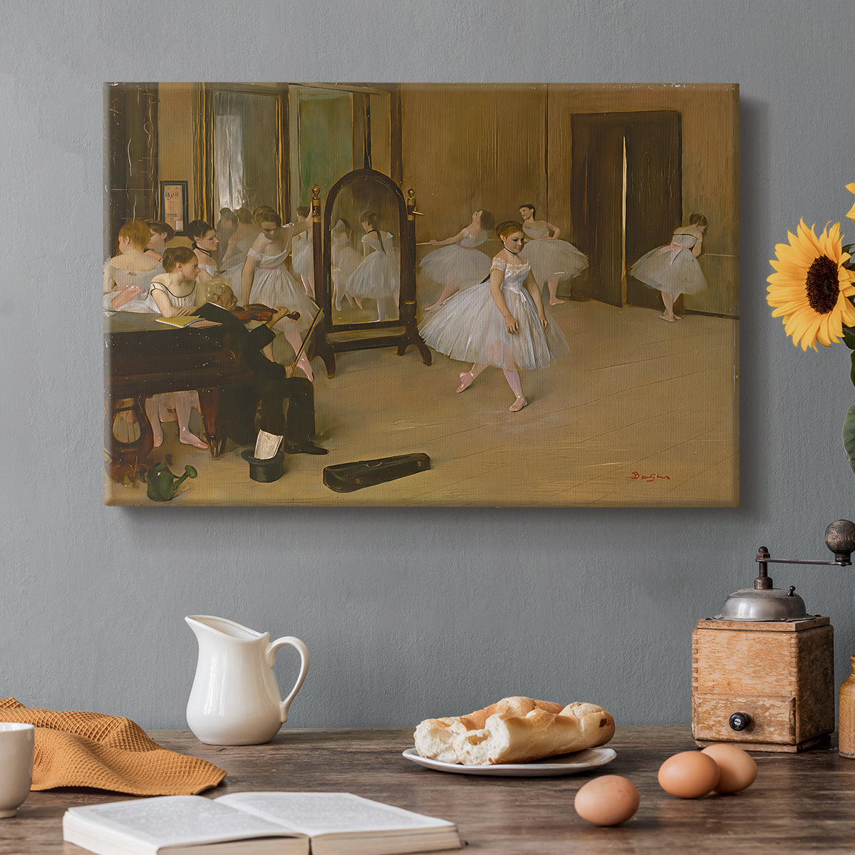 Canvas art print featuring a ballet class with dancers practicing positions under instructor guidance, set in a cozy kitchen setting