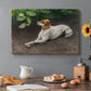 Canvas art print featuring a dog lying on ground with head raised in natural outdoor setting, set in a cozy kitchen setting
