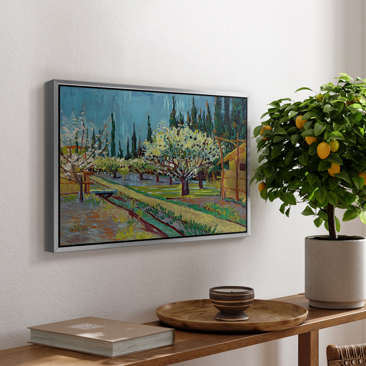Orchard in Blossom, Bordered by Cypresses, 1888 - Floater Framed Canvas Print
