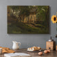 Canvas art print featuring rustic farm buildings surrounded by trees and rural landscape, set in a cozy kitchen setting