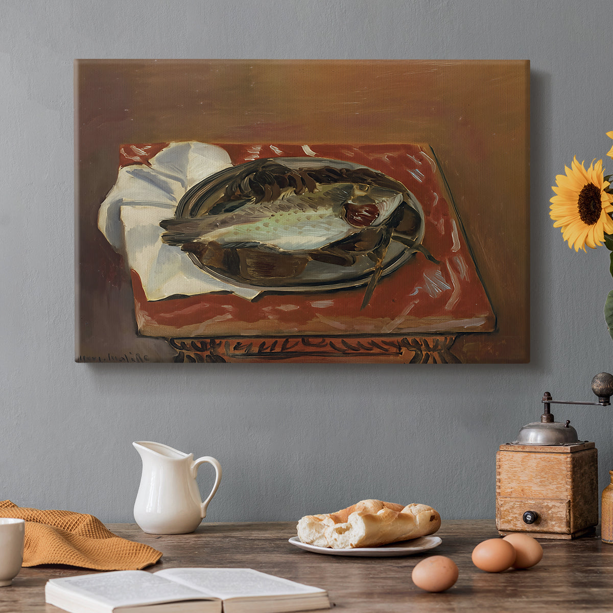 Canvas art print featuring a fish laid on a table in a simple still life arrangement, set in a cozy kitchen setting