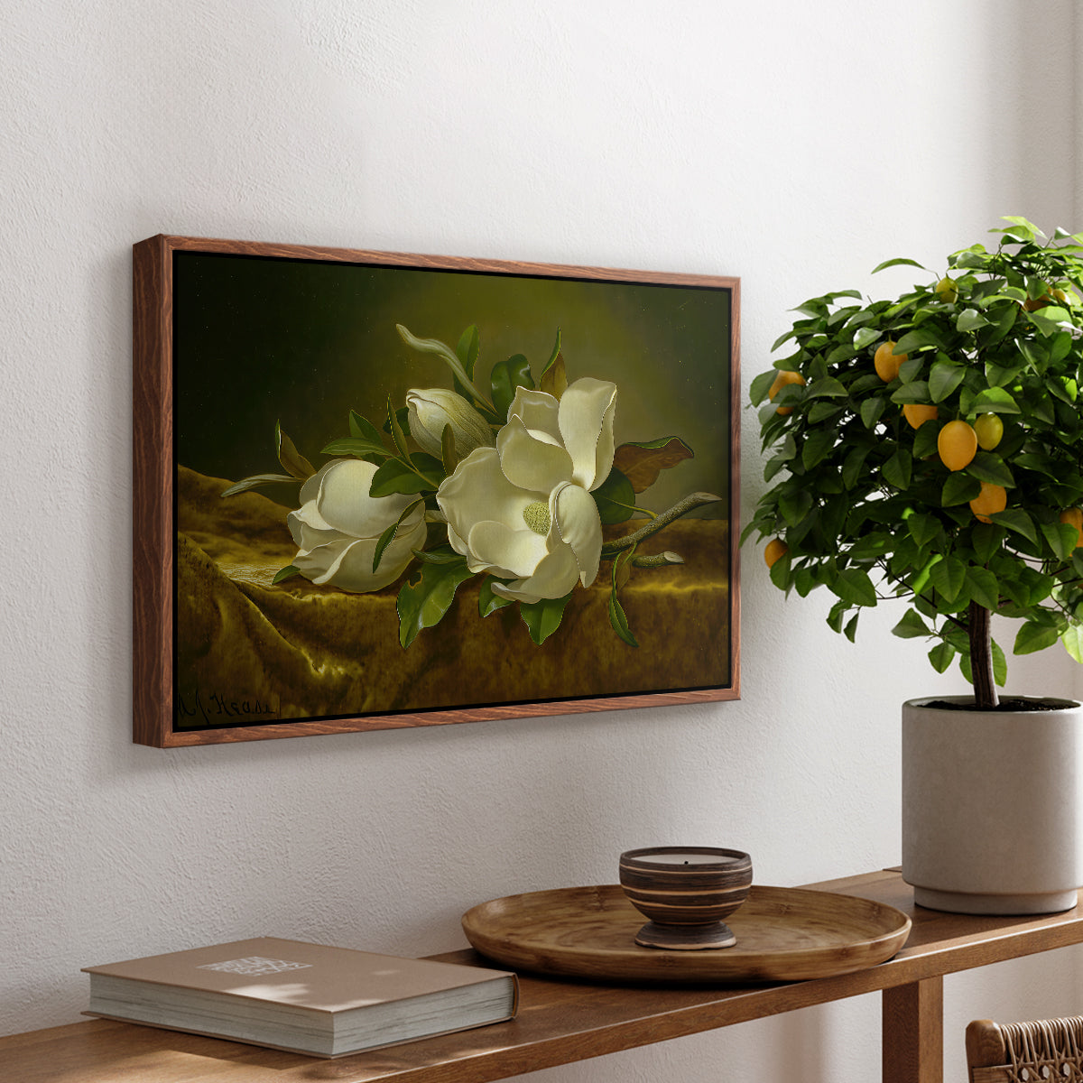 Magnolias on Gold Velvet Cloth, c. 1888-1890 - Floater Framed Canvas Print