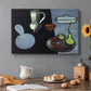 Canvas art print featuring a minimal still life with gourds and vessels on a dark surface, set in a cozy kitchen setting