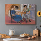 Canvas art print featuring two figures seated at a table playing dominoes in a colorful interior, set in a cozy kitchen setting