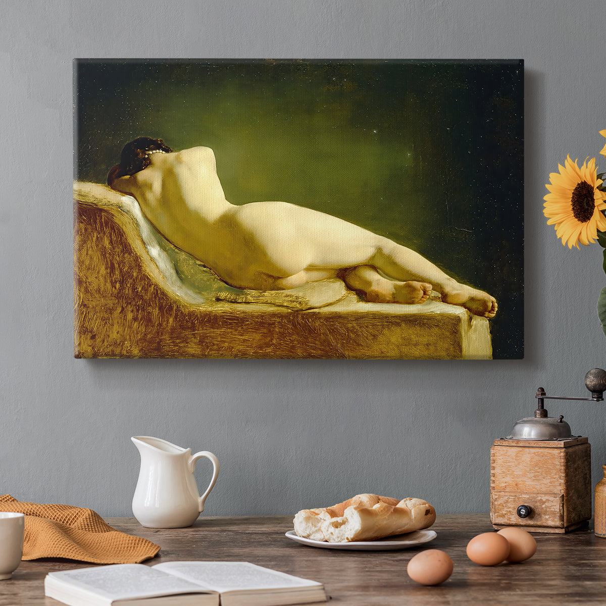 Canvas art print featuring a nude figure lying on couch in relaxed pose within interior setting, set in a cozy kitchen setting
