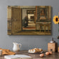 Canvas art print featuring a long interior hallway with figure standing in structured architectural space, set in a cozy kitchen setting