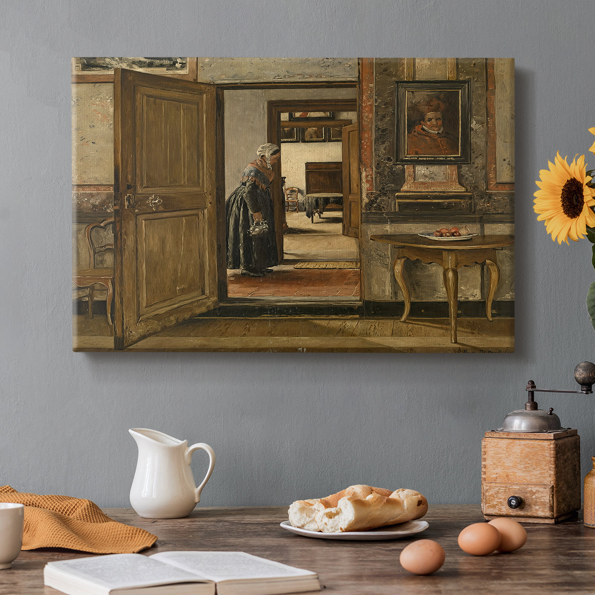 Canvas art print featuring a long interior hallway with figure standing in structured architectural space, set in a cozy kitchen setting