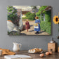 Canvas art print featuring people walking along village path beside houses in bright summer light, set in a cozy kitchen setting