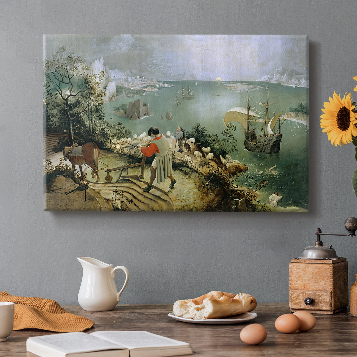 Canvas art print featuring a wide landscape with small figure falling into sea, set in a cozy kitchen setting