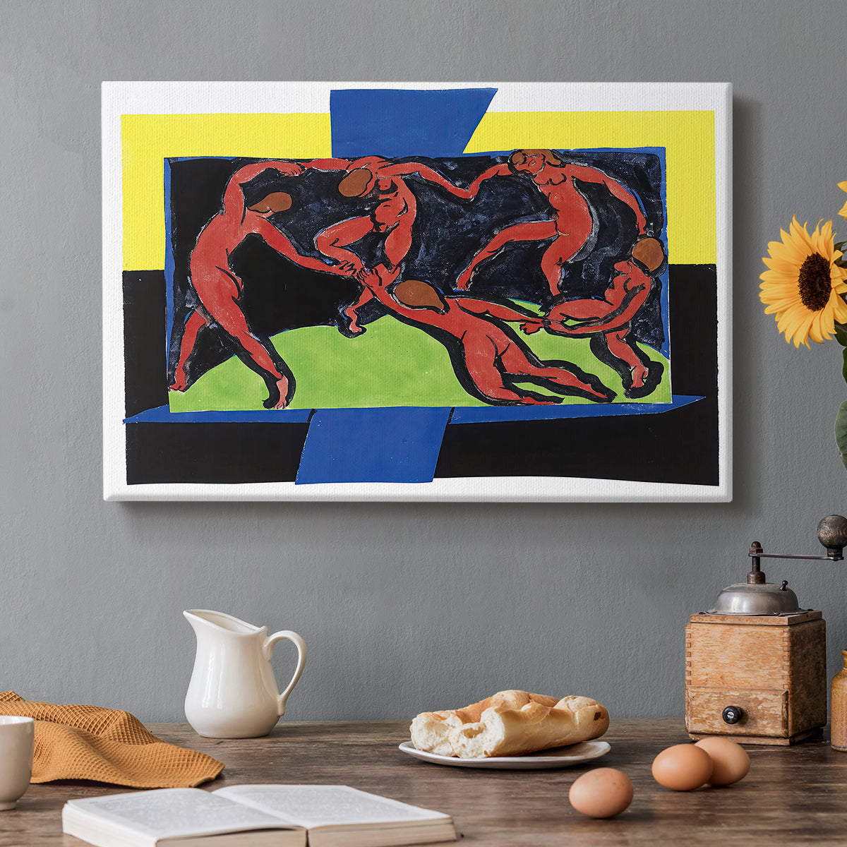 Canvas art print featuring a group of figures holding hands dancing in circular motion against bold background, set in a cozy kitchen setting