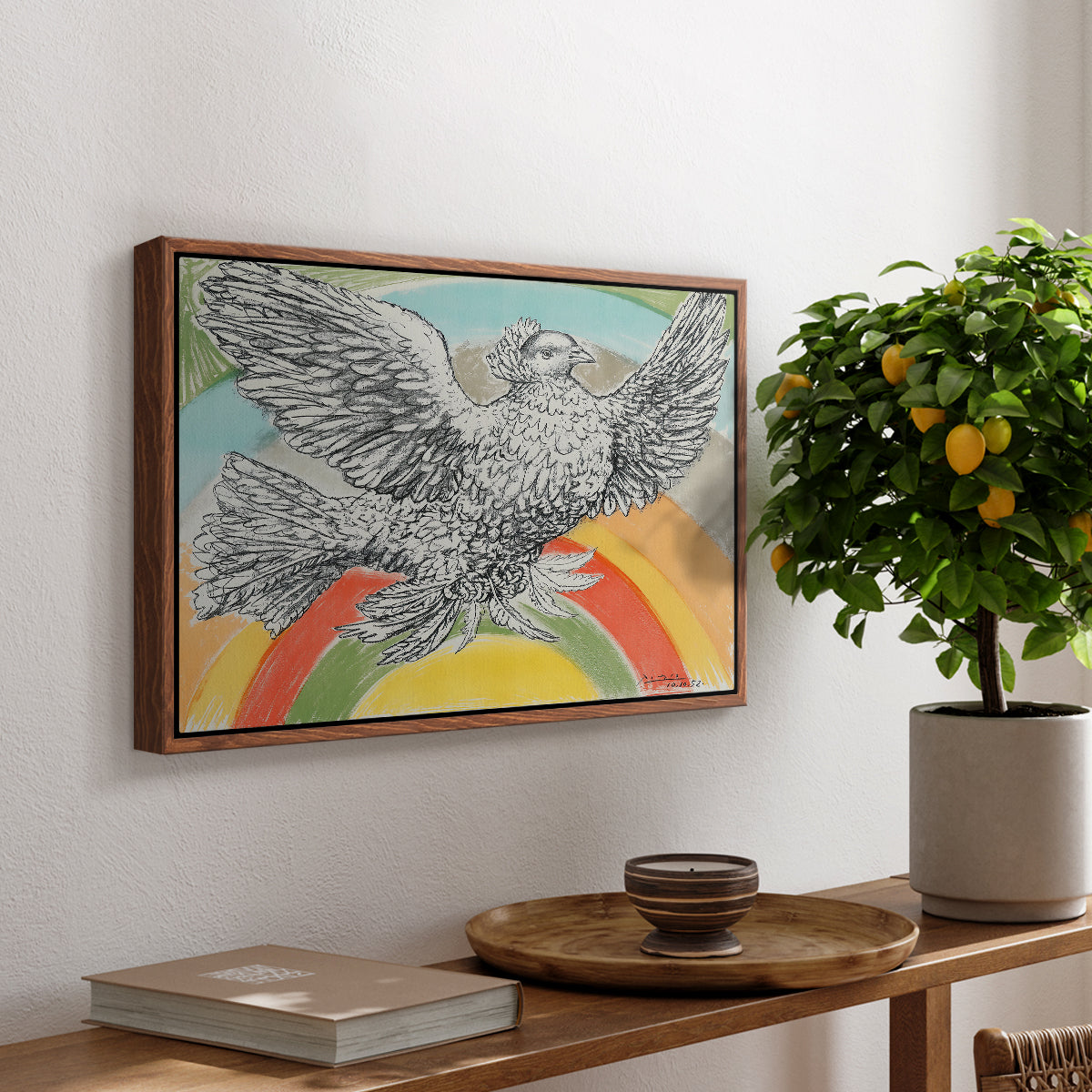 Flying Dove with Rainbow (Colombe volant à l'Arc-en-ciel), 1952 - Floater Framed Canvas Print