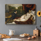 Canvas art print featuring a reclining nude woman with organist nearby and dog at foot of bed, set in a cozy kitchen setting