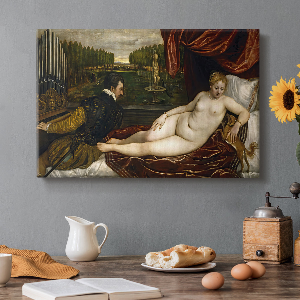 Canvas art print featuring a reclining nude woman with organist nearby and dog at foot of bed, set in a cozy kitchen setting