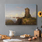 Canvas art print featuring a coastal landscape with ruined tower overlooking sea, set in a cozy kitchen setting