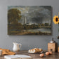Canvas art print featuring a cathedral viewed across meadow with water, set in a cozy kitchen setting