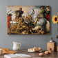 Canvas art print featuring a chaotic hunting scene with riders, dogs, and animals, set in a cozy kitchen setting