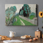 Canvas art print featuring a Mediterranean landscape with cypresses, olive trees, and rolling terrain, set in a cozy kitchen setting