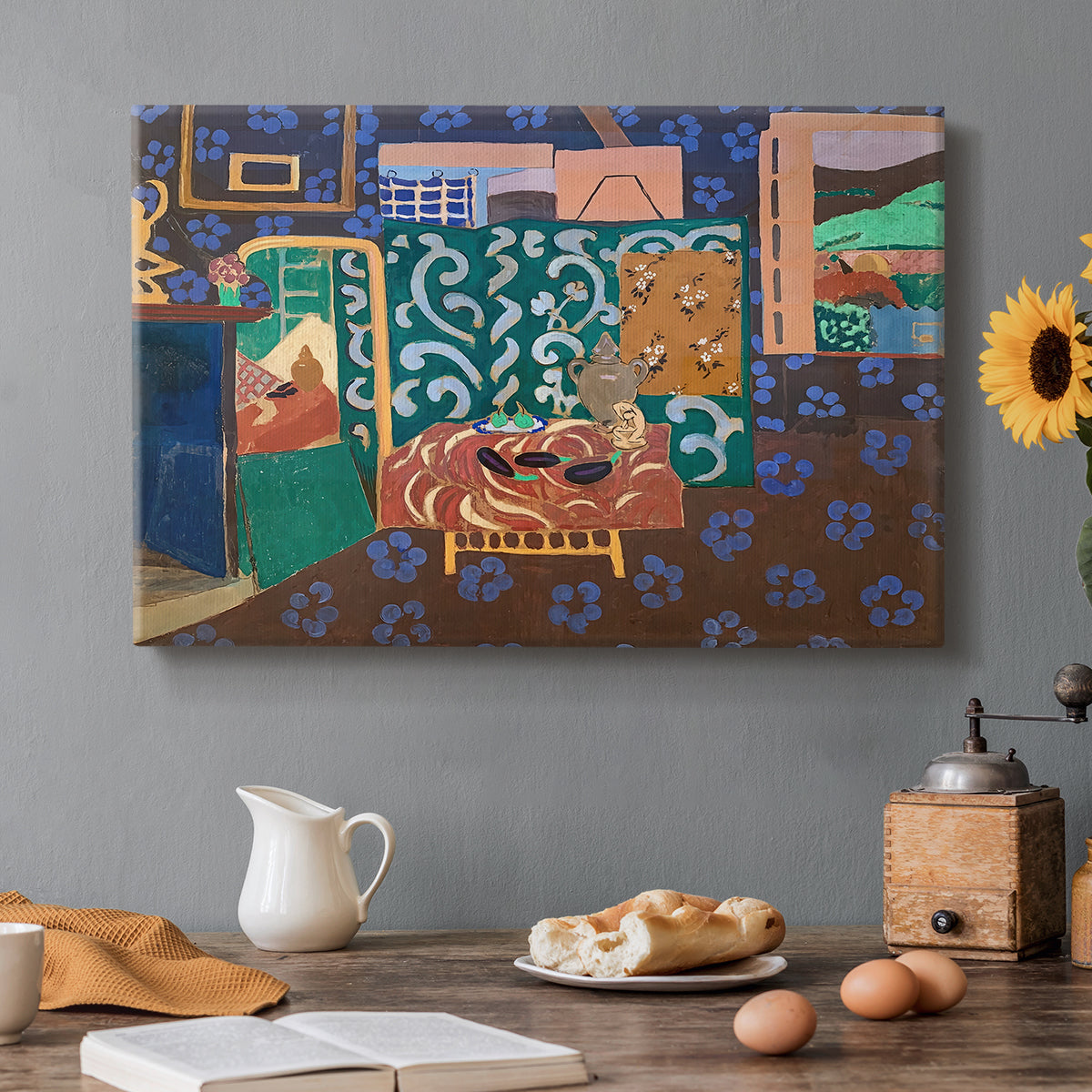 Canvas art print featuring a colorful interior with table, aubergines, and richly patterned surfaces, set in a cozy kitchen setting