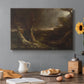 Canvas art print featuring a swirling tornado cutting through forest landscape with dark storm clouds, set in a cozy kitchen setting