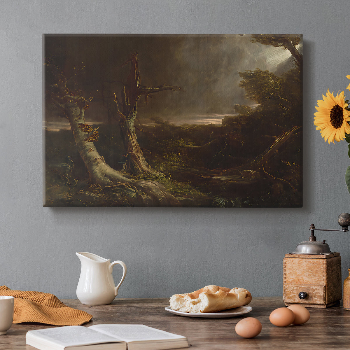 Canvas art print featuring a swirling tornado cutting through forest landscape with dark storm clouds, set in a cozy kitchen setting