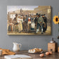 Canvas art print featuring a street scene with crowd gathered around vendor demonstrating product, set in a cozy kitchen setting
