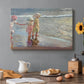 Canvas art print featuring three women standing together on beach in flowing dresses, set in a cozy kitchen setting