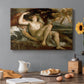 Canvas art print featuring a reclining mythological figures with Cupid in warm-toned classical setting, set in a cozy kitchen setting