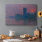 Canvas art print featuring a silhouette of Parliament buildings against glowing sunset across river, set in a cozy kitchen setting