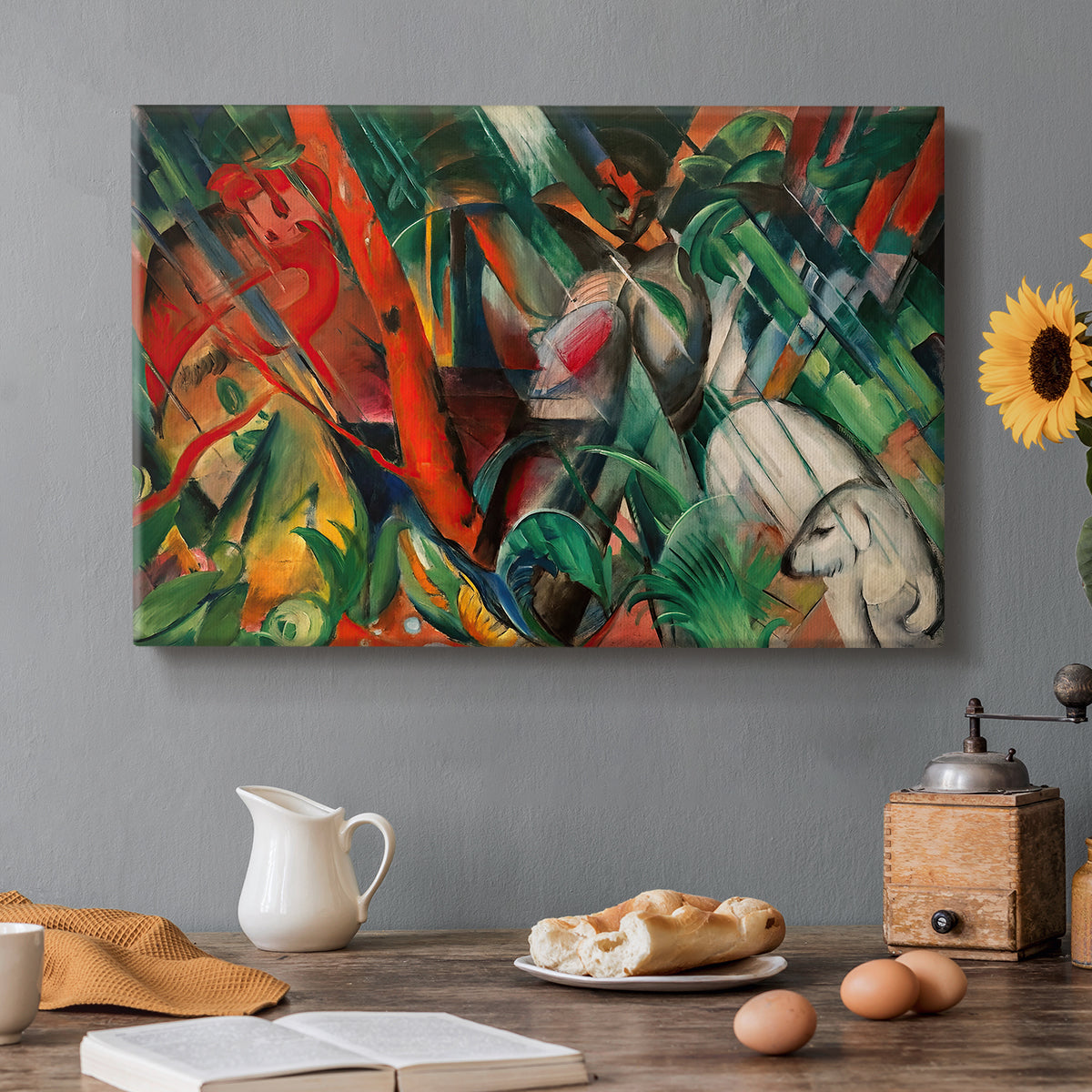 Canvas art print featuring an abstract composition suggesting rainfall through diagonal lines and color patterns, set in a cozy kitchen setting