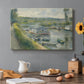 Canvas art print featuring a floating wash-house boat along a riverbank with figures working nearby, set in a cozy kitchen setting