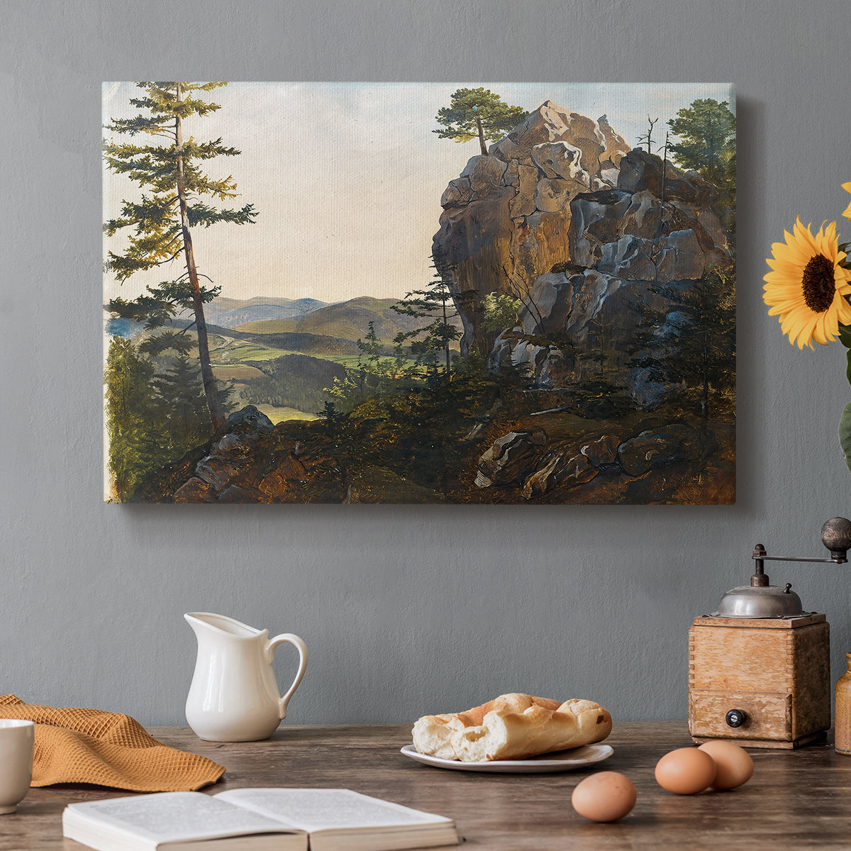 Canvas art print featuring rock formations within forested landscape, set in a cozy kitchen setting