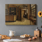 Canvas art print featuring a figure standing inside rustic inn interior with wooden furnishings and doorway, set in a cozy kitchen setting
