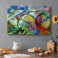 Canvas art print featuring abstracted sheep forms integrated into colorful geometric landscape, set in a cozy kitchen setting
