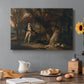 Canvas art print featuring a man with multiple dogs preparing for hunting in countryside, set in a cozy kitchen setting