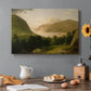 Canvas art print featuring a calm river landscape with trees and distant hills under soft light, set in a cozy kitchen setting