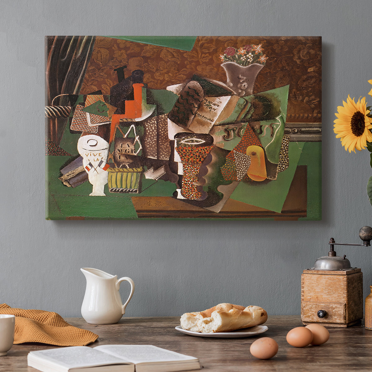 Canvas art print featuring a collage still life with cards bottles and glasses, set in a cozy kitchen setting