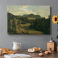Canvas art print featuring a rolling countryside with trees and distant hills, set in a cozy kitchen setting