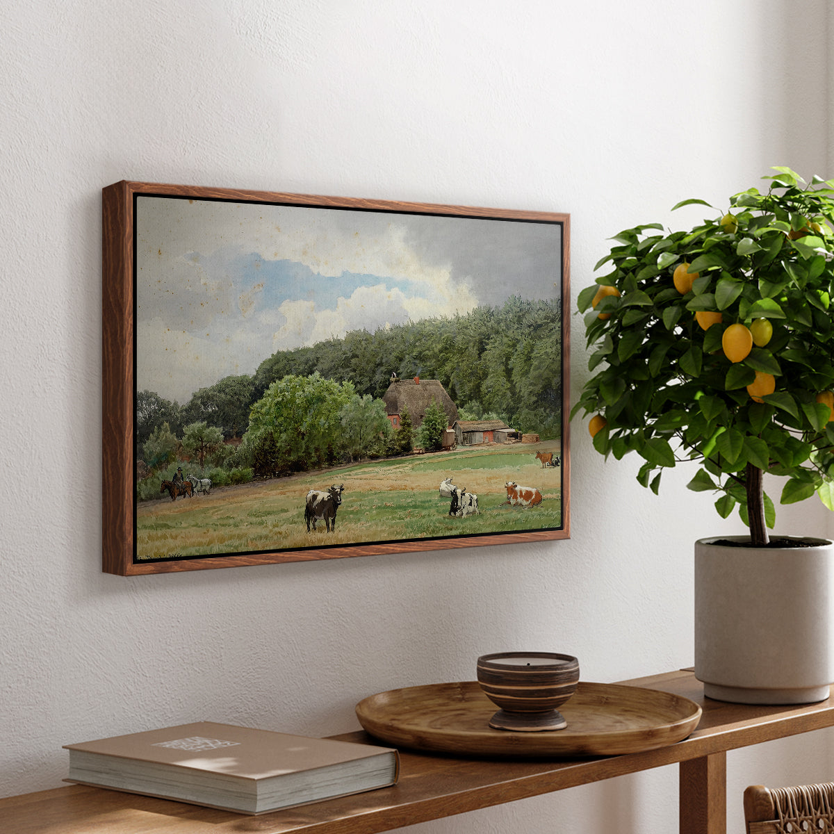 Farm with Grazing Cows (Bondegård med beitende kuer), 1892 - Floater Framed Canvas Print