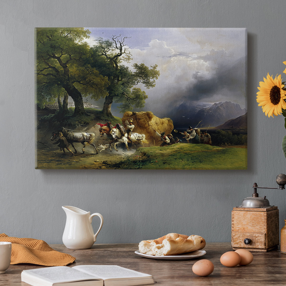 Canvas art print featuring a wagon loaded with hay moving through countryside, set in a cozy kitchen setting