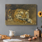 Canvas art print featuring a tiger lying in resting position with detailed form, set in a cozy kitchen setting