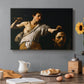 Canvas art print featuring a young David holding the severed head of Goliath against a dark background, set in a cozy kitchen setting