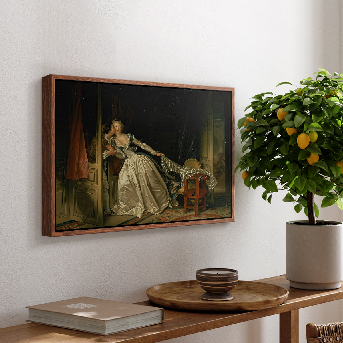 The Stolen Kiss (Le Baiser à la dérobée), c. 1788 - Floater Framed Canvas Print