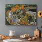 Canvas art print featuring a curved row of colorful houses forming crescent shape along water, set in a cozy kitchen setting