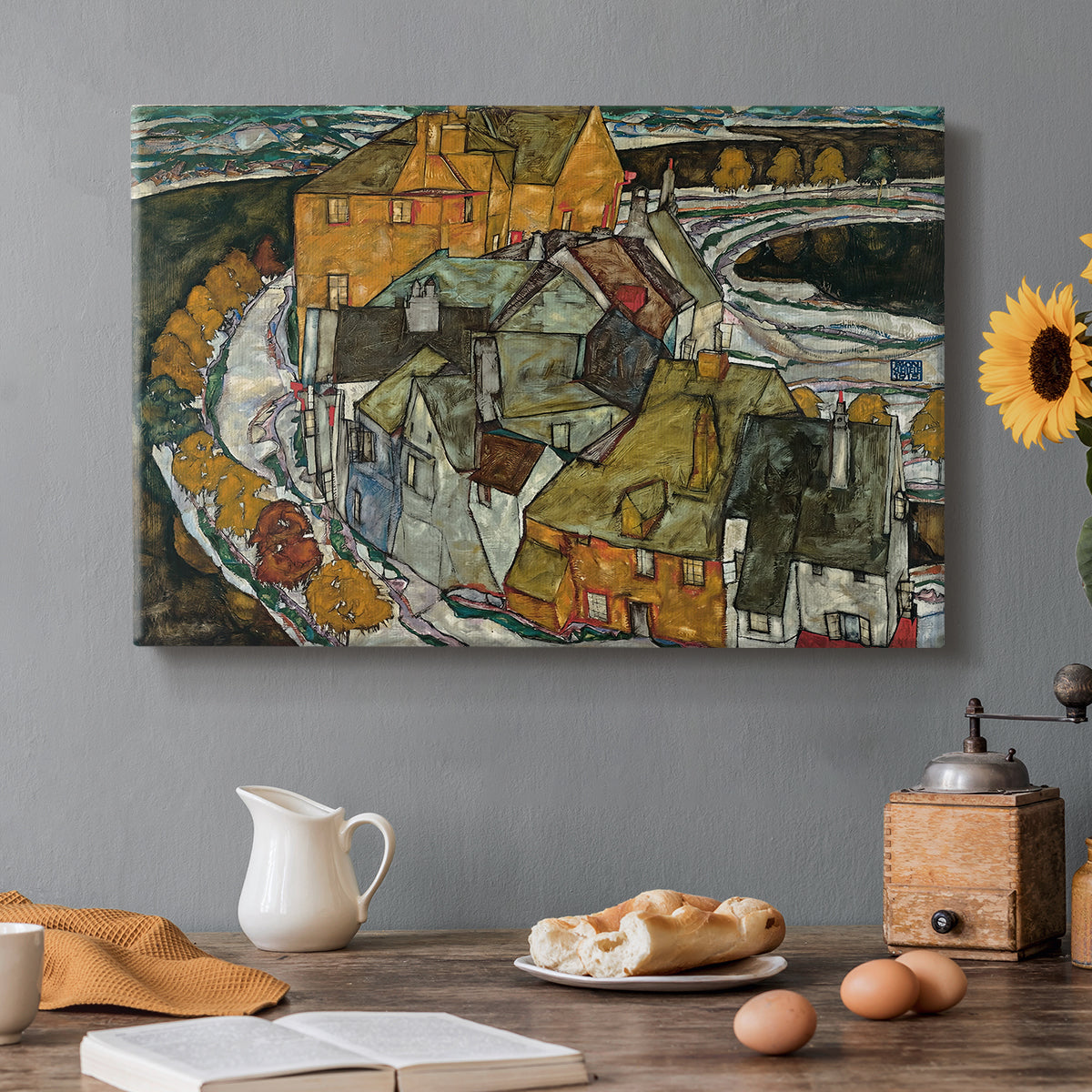 Canvas art print featuring a curved row of colorful houses forming crescent shape along water, set in a cozy kitchen setting