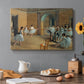 Canvas art print featuring ballet dancers gathered in rehearsal hall with mirrors and columns, set in a cozy kitchen setting