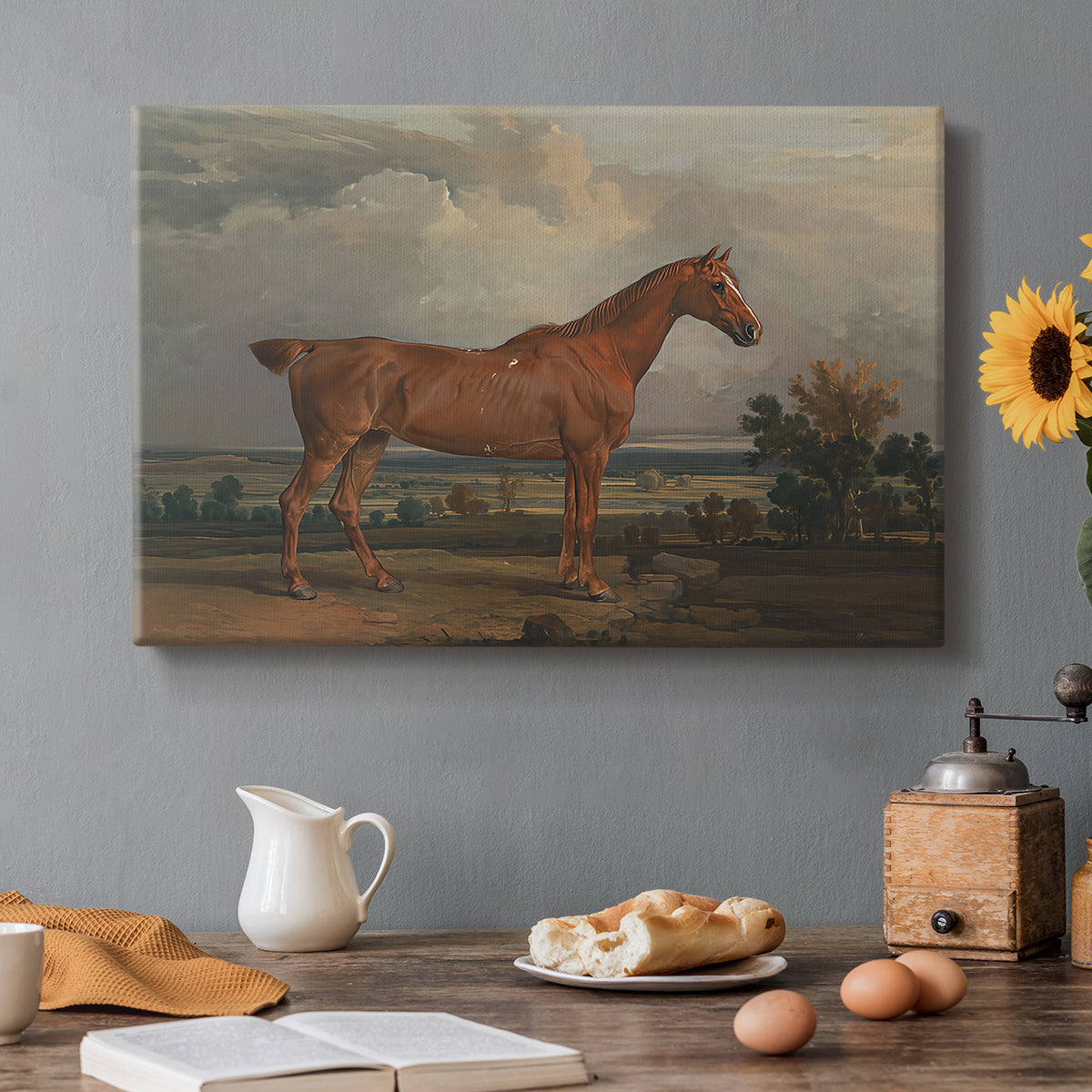 Canvas art print featuring a mounted hunter on horseback in open countryside landscape, set in a cozy kitchen setting