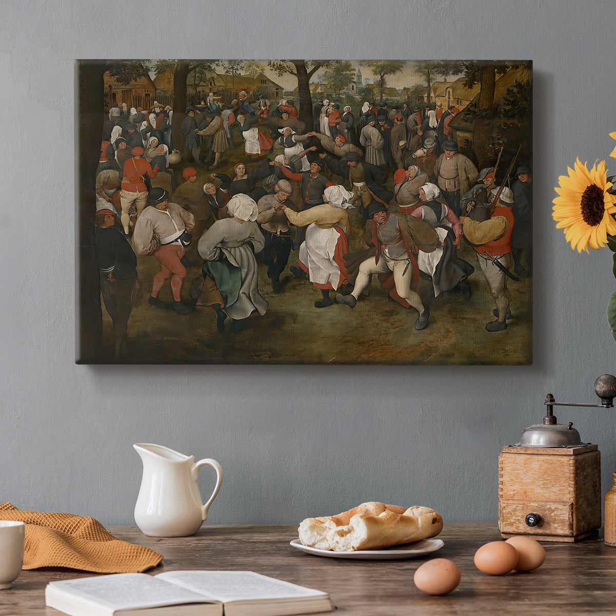 Canvas art print featuring a crowd dancing in outdoor wedding celebration, set in a cozy kitchen setting